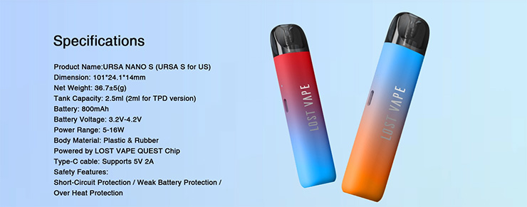 Lost Vape Ursa Nano S Pod 800 specification